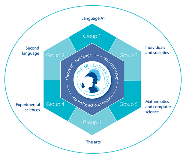 The IB Learner Profile

theory of knowledge, extended essay, creativity, action, service

Group 1-6

Language A1, Individual and societies, Mathematics and computer science, the arts, experimental sciences, second language